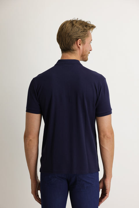 Medium Navy Pocketed Polo Collar Regular Fit Embroidered Cotton T-Shirt