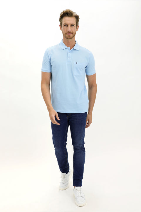 Light Blue Pocketed Polo Collar Regular Fit Cotton T-Shirt