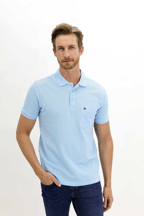 Light Blue Pocketed Polo Collar Regular Fit Cotton T-Shirt
