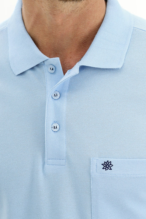 Light Blue Pocketed Polo Collar Regular Fit Cotton T-Shirt