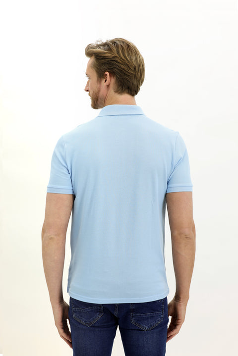 Light Blue Pocketed Polo Collar Regular Fit Cotton T-Shirt