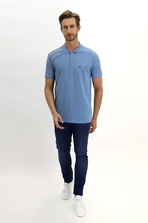 Sky Blue Pocketed Polo Collar Regular Fit Cotton T-Shirt