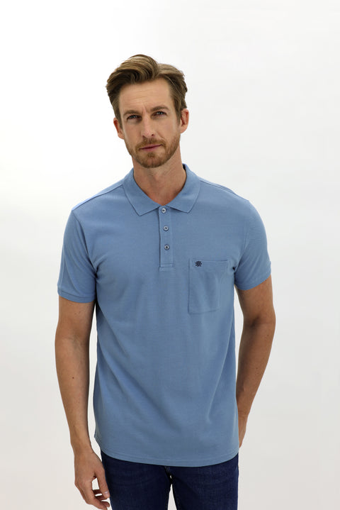 Sky Blue Pocketed Polo Collar Regular Fit Cotton T-Shirt