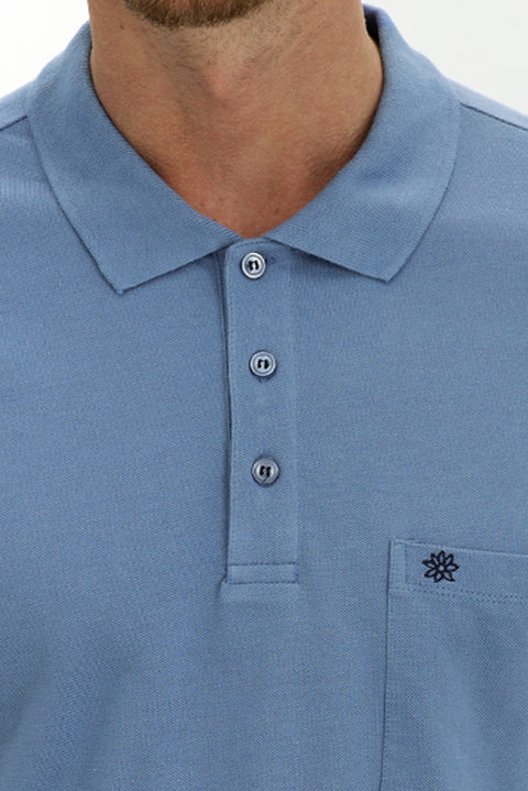 Sky Blue Pocketed Polo Collar Regular Fit Cotton T-Shirt