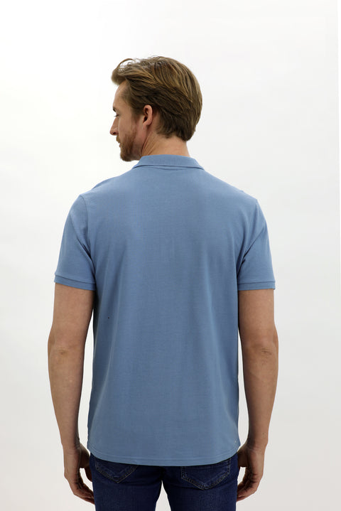 Sky Blue Pocketed Polo Collar Regular Fit Cotton T-Shirt