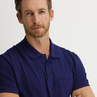 Navy Blue Pocketed Polo Collar Regular Fit Embroidered Cotton T-Shirt