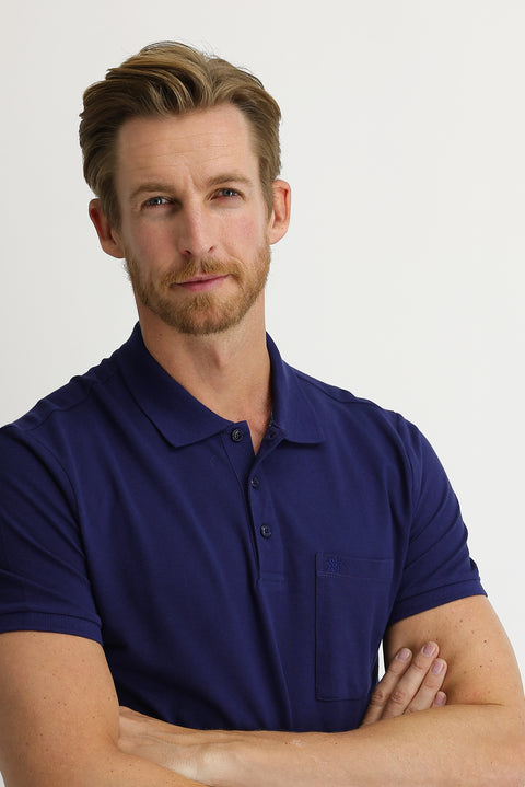 Navy Blue Pocketed Polo Collar Regular Fit Embroidered Cotton T-Shirt
