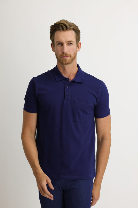 Navy Blue Pocketed Polo Collar Regular Fit Embroidered Cotton T-Shirt