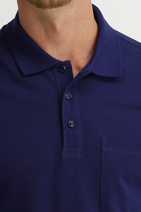Navy Blue Pocketed Polo Collar Regular Fit Embroidered Cotton T-Shirt