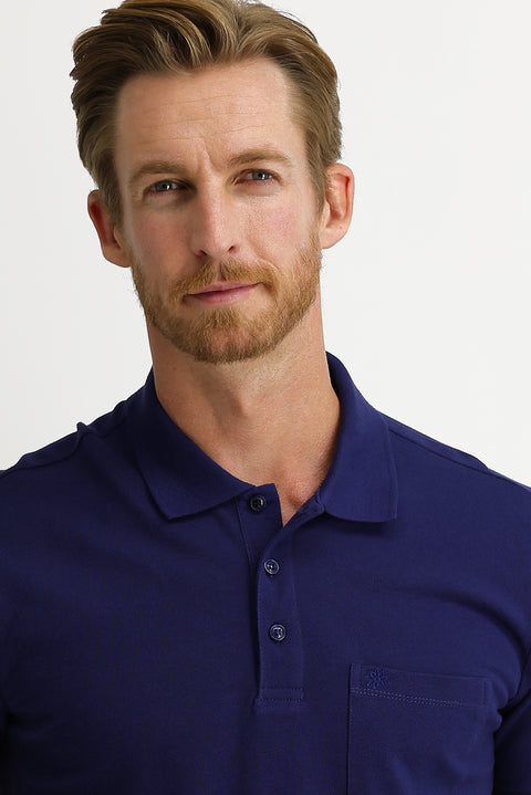 Navy Blue Pocketed Polo Collar Regular Fit Embroidered Cotton T-Shirt