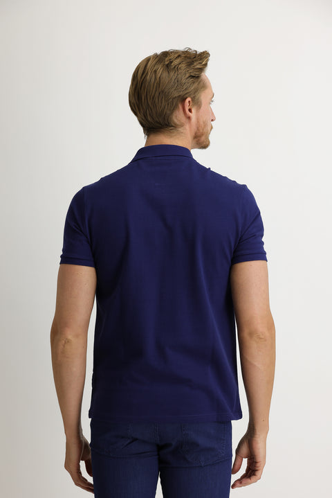 Navy Blue Pocketed Polo Collar Regular Fit Embroidered Cotton T-Shirt