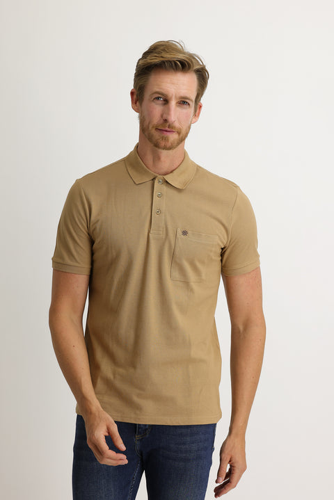 Light Brown Pocketed Polo Collar Regular Fit Cotton T-Shirt