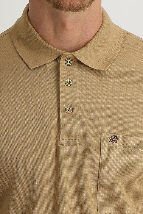 Light Brown Pocketed Polo Collar Regular Fit Cotton T-Shirt