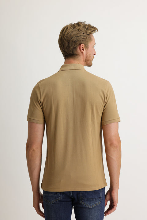 Light Brown Pocketed Polo Collar Regular Fit Cotton T-Shirt