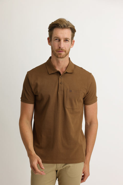 Medium Brown Pocket Polo Collar Regular Fit Embroidered Cotton T-Shirt