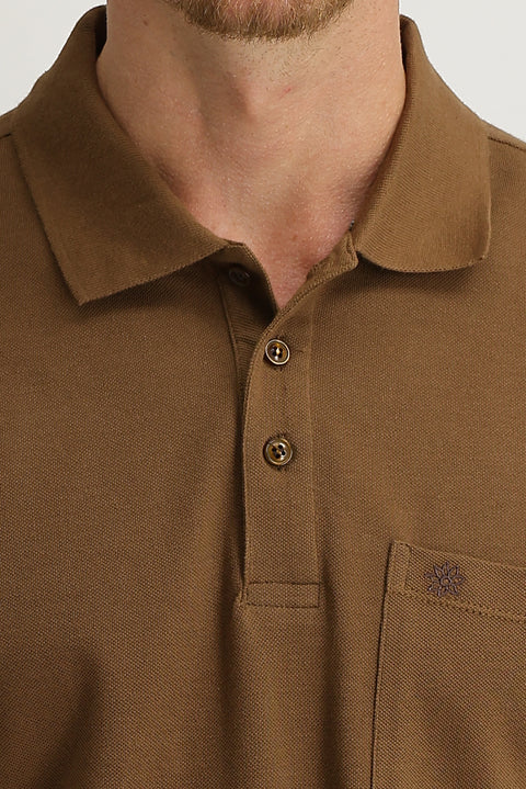 Medium Brown Pocket Polo Collar Regular Fit Embroidered Cotton T-Shirt