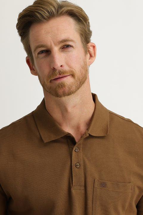 Medium Brown Pocket Polo Collar Regular Fit Embroidered Cotton T-Shirt