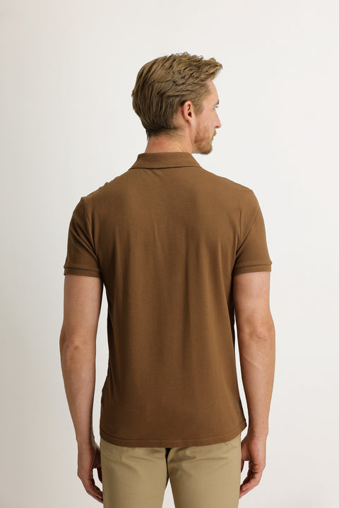 Medium Brown Pocket Polo Collar Regular Fit Embroidered Cotton T-Shirt