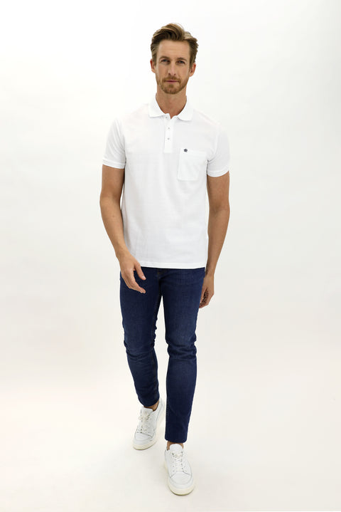 White Pocketed Polo Collar Regular Fit Cotton T-Shirt