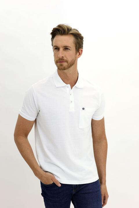 White Pocketed Polo Collar Regular Fit Cotton T-Shirt