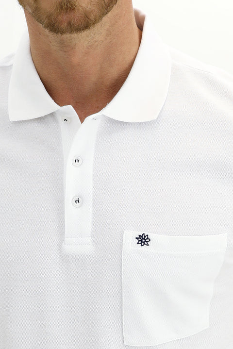 White Pocketed Polo Collar Regular Fit Cotton T-Shirt