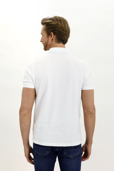 White Pocketed Polo Collar Regular Fit Cotton T-Shirt