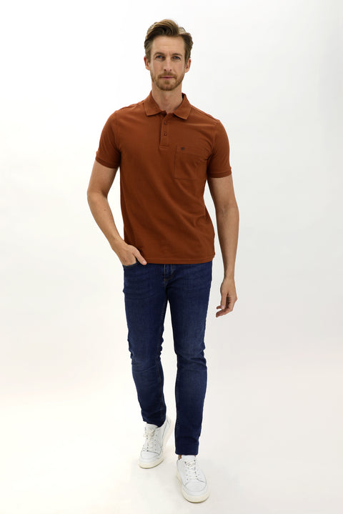 Tan Pocketed Polo Collar Regular Fit Cotton T-Shirt