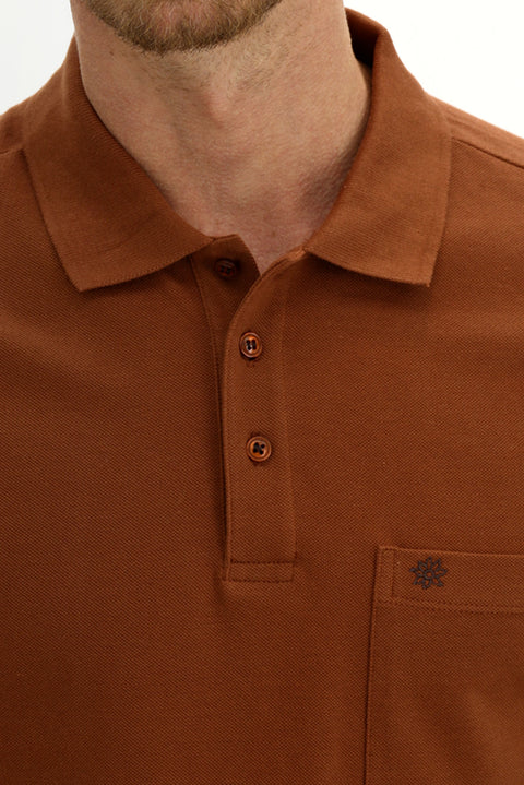 Tan Pocketed Polo Collar Regular Fit Cotton T-Shirt