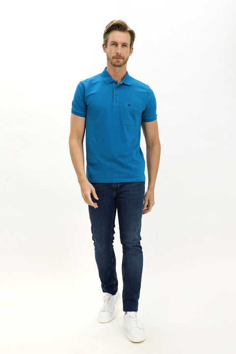 Petrol Green Pocketed Polo Collar Regular Fit Embroidered Cotton T-Shirt