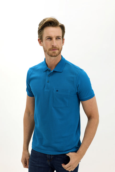Petrol Green Pocketed Polo Collar Regular Fit Embroidered Cotton T-Shirt