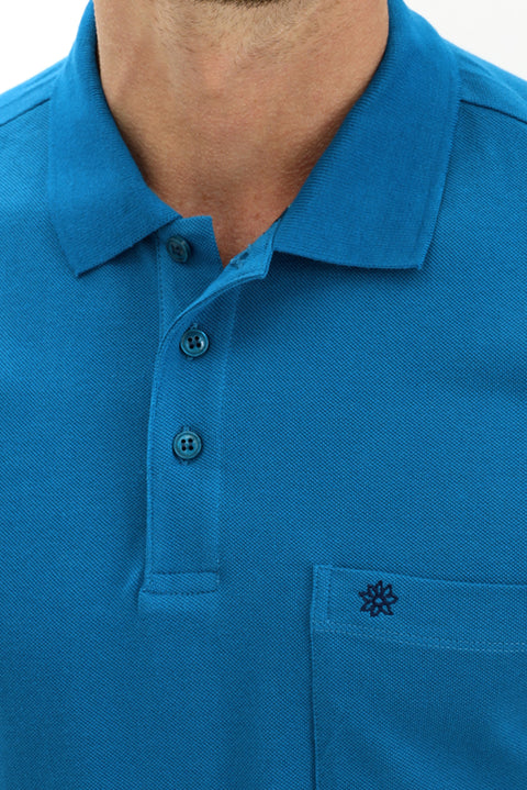 Petrol Green Pocketed Polo Collar Regular Fit Embroidered Cotton T-Shirt