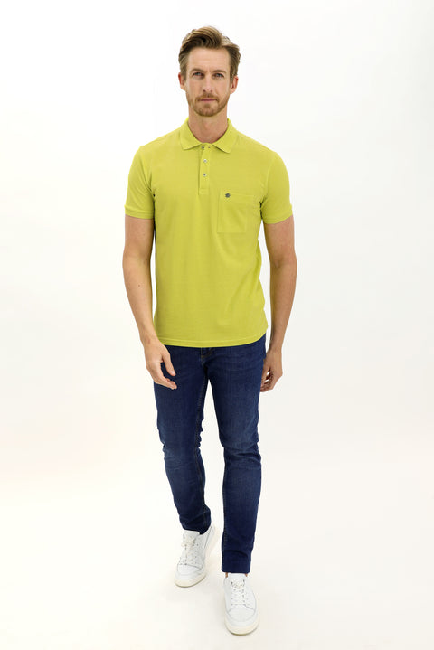 Lime Pocket Polo Collar Regular Fit Embroidered Cotton T-Shirt
