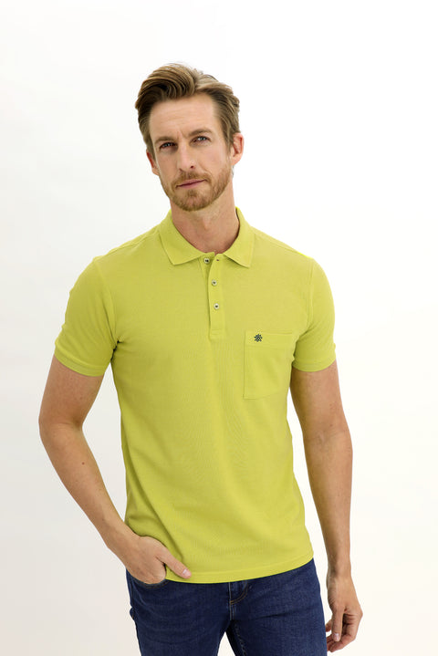 Lime Pocket Polo Collar Regular Fit Embroidered Cotton T-Shirt