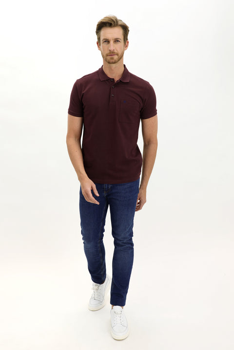 Dark Burgundy Pocketed Polo Collar Regular Fit Embroidered Cotton T-Shirt