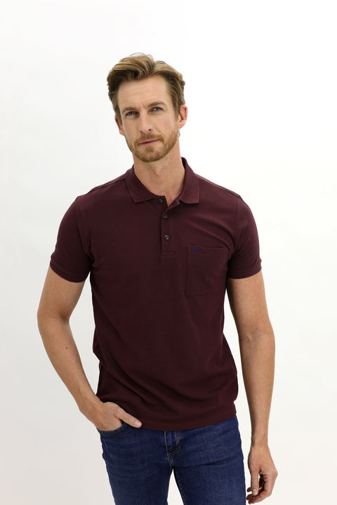 Dark Burgundy Pocketed Polo Collar Regular Fit Embroidered Cotton T-Shirt