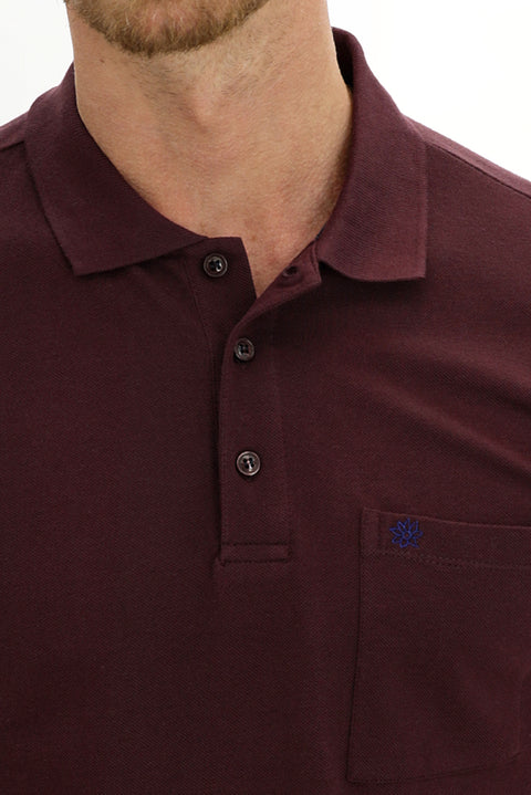 Dark Burgundy Pocketed Polo Collar Regular Fit Embroidered Cotton T-Shirt