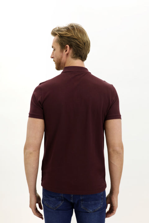 Dark Burgundy Pocketed Polo Collar Regular Fit Embroidered Cotton T-Shirt