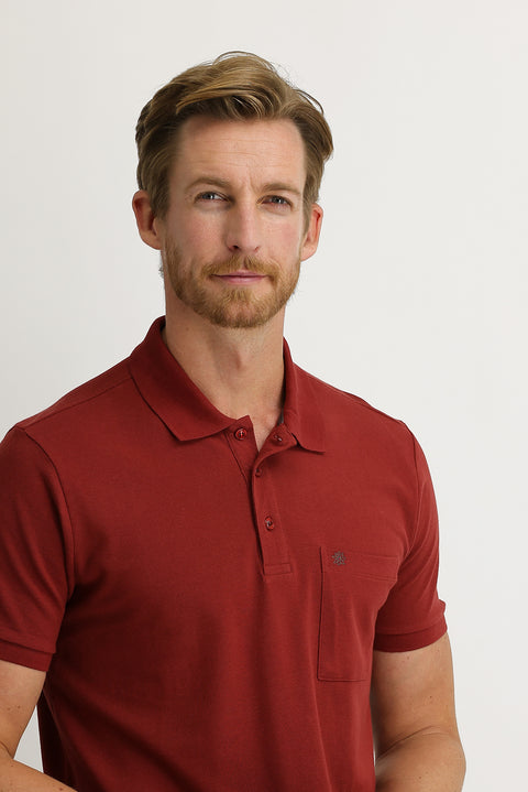 Tile-colored Pocket Polo Collar Regular Fit Cotton T-shirt