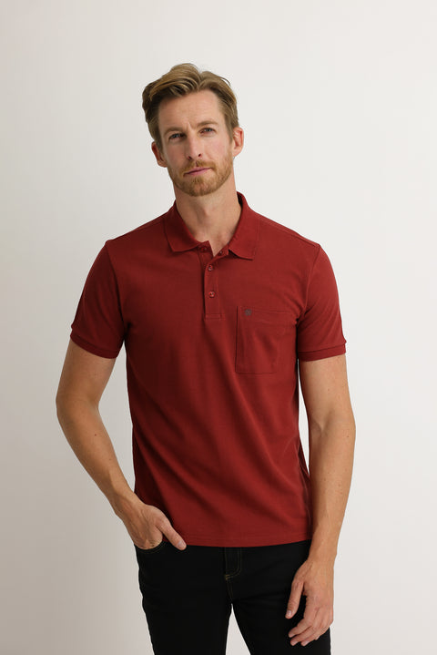 Tile-colored Pocket Polo Collar Regular Fit Cotton T-shirt