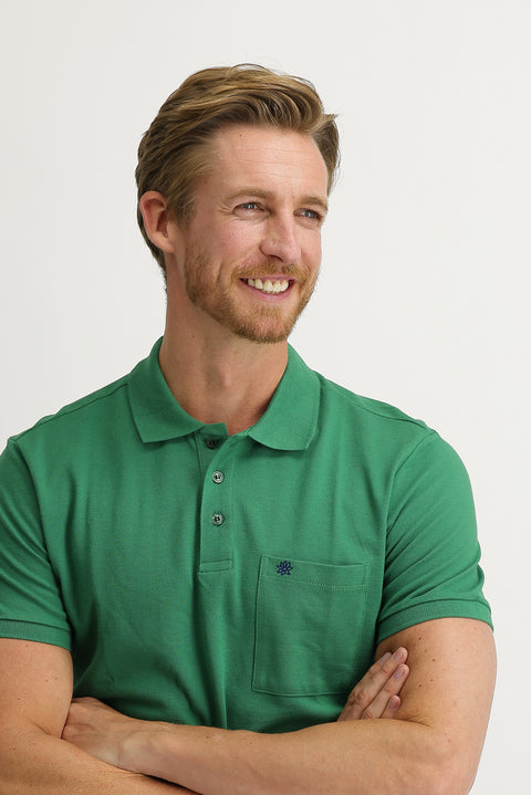 Light Green Pocketed Polo Collar Regular Fit Embroidered Cotton T-Shirt