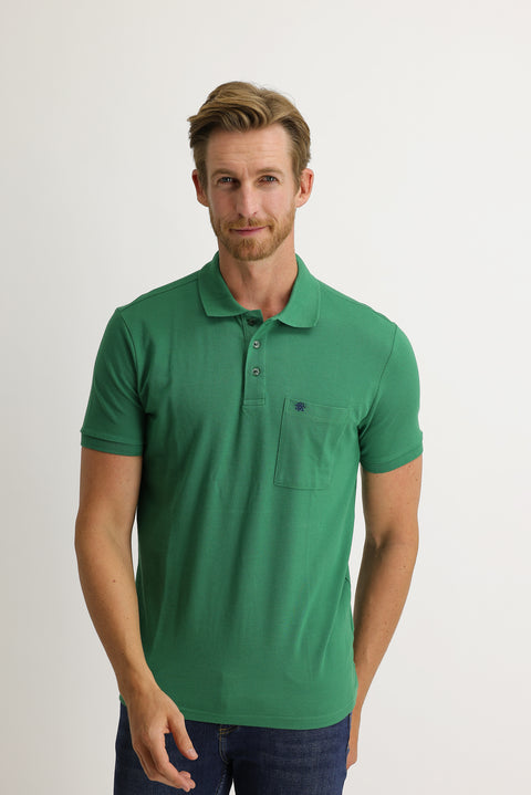 Light Green Pocketed Polo Collar Regular Fit Embroidered Cotton T-Shirt