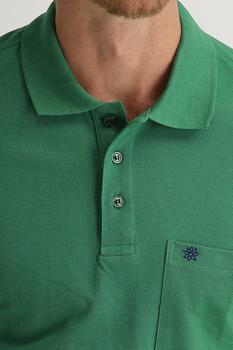 Light Green Pocketed Polo Collar Regular Fit Embroidered Cotton T-Shirt