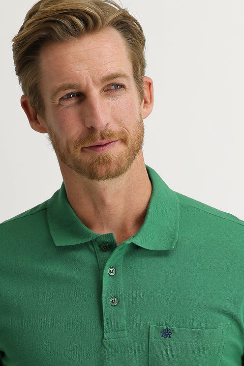 Light Green Pocketed Polo Collar Regular Fit Embroidered Cotton T-Shirt