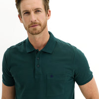 Emerald Green Pocketed Polo Collar Regular Fit Embroidered Cotton T-Shirt