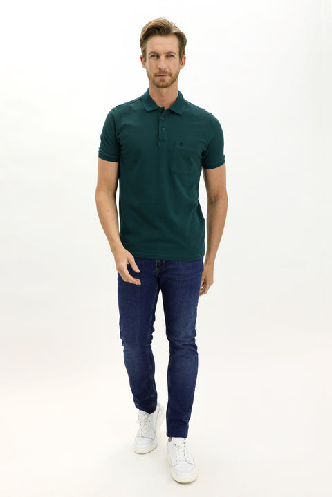 Emerald Green Pocketed Polo Collar Regular Fit Embroidered Cotton T-Shirt