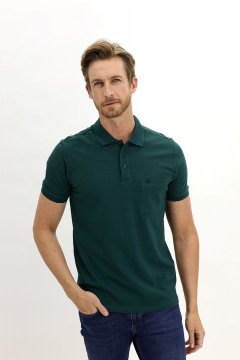 Emerald Green Pocketed Polo Collar Regular Fit Embroidered Cotton T-Shirt