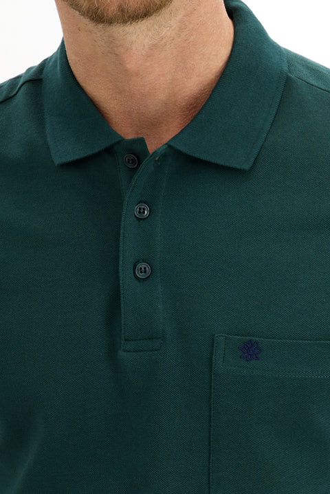 Emerald Green Pocketed Polo Collar Regular Fit Embroidered Cotton T-Shirt