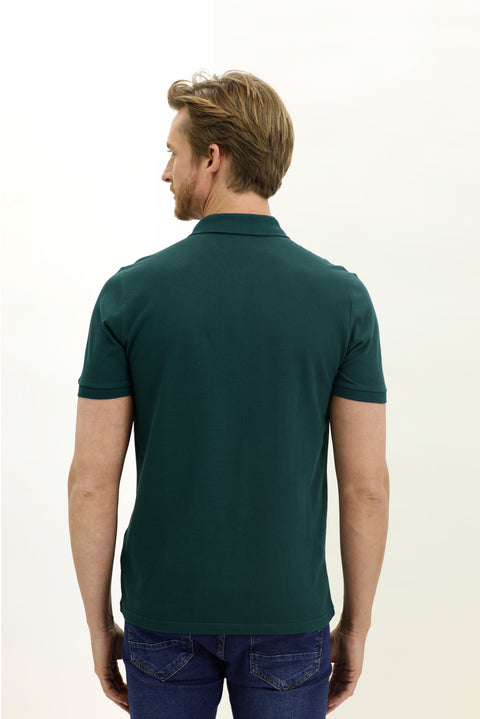 Emerald Green Pocketed Polo Collar Regular Fit Embroidered Cotton T-Shirt