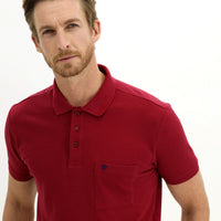 Dark Red Pocketed Polo Collar Regular Fit Embroidered Cotton T-Shirt