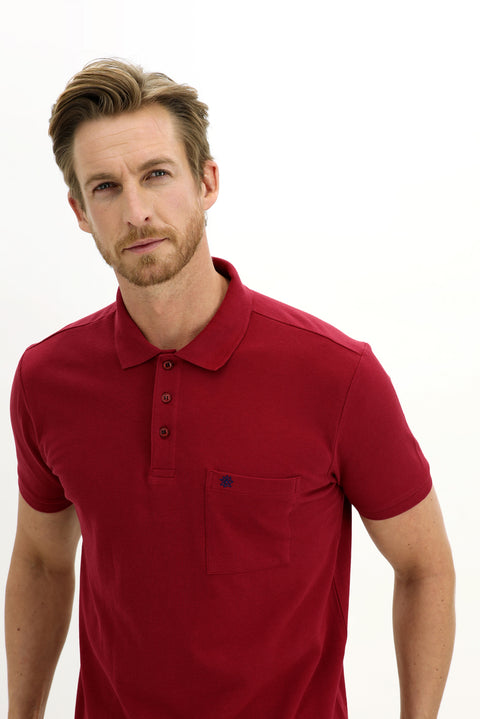 Dark Red Pocketed Polo Collar Regular Fit Embroidered Cotton T-Shirt